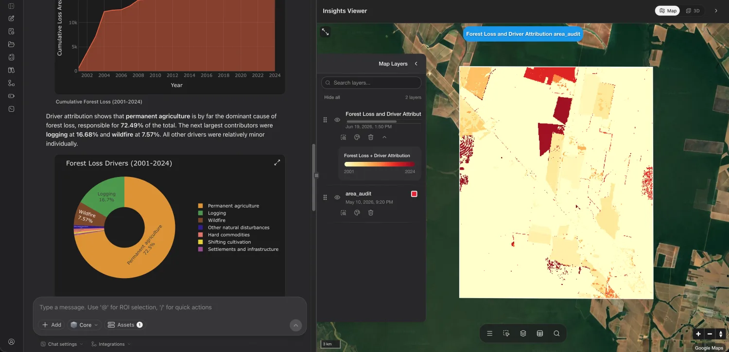 Forest loss and driver attribution analysis in the Insights Viewer