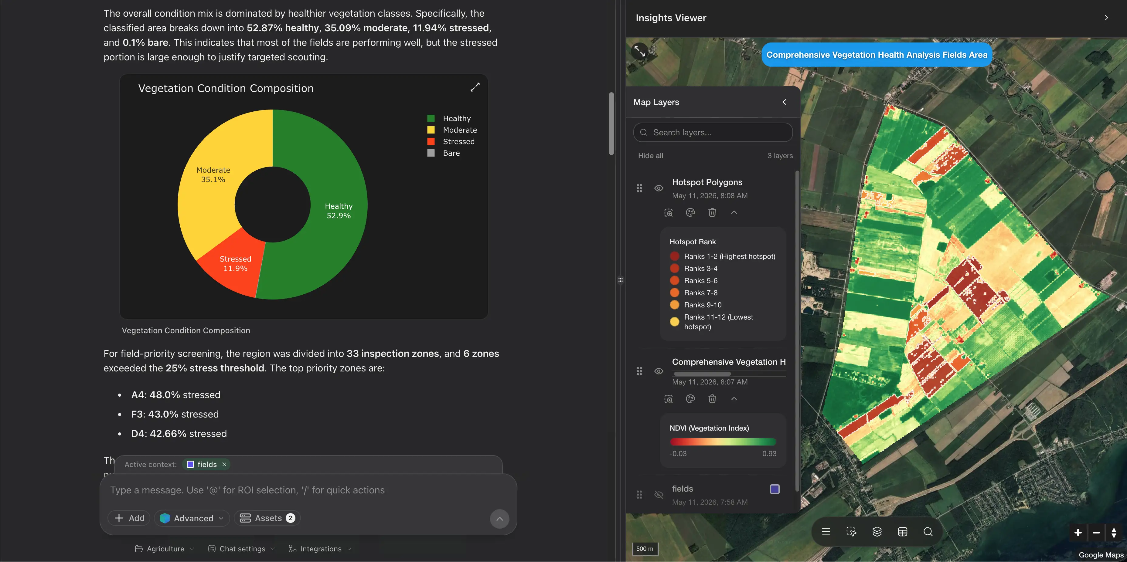 Aspian AI analysis output with charts and a field map